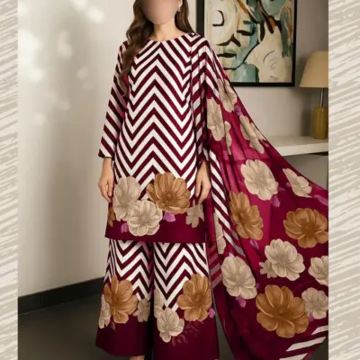 3 Pcs Unstitched Silky Printed Suit for Women – Red Digital Print with China Silk Dupatta