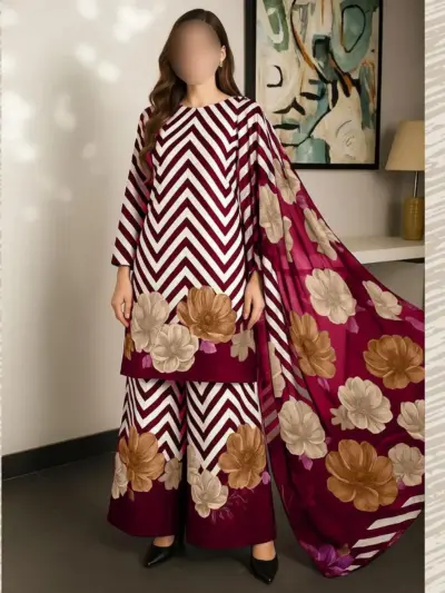 3 Pcs Unstitched Silky Printed Suit for Women – Red Digital Print with China Silk Dupatta
