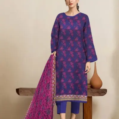 Women's 3 Piece Unstitched Dobby Lawn Printed Suit with Printed Dupatta – Purple