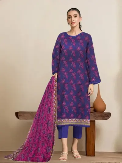 Women's 3 Piece Unstitched Dobby Lawn Printed Suit with Printed Dupatta – Purple