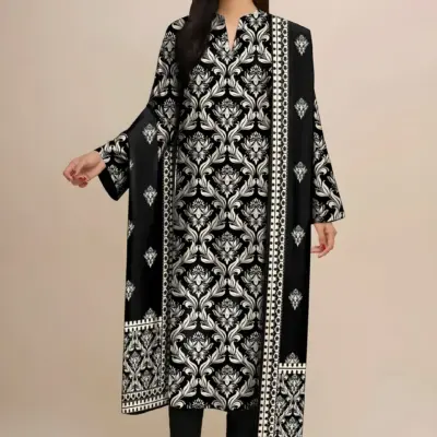 Women's 3 Piece Unstitched Printed Lawn Suit with Printed Dupatta – Black