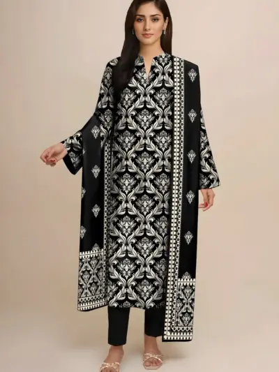 Women's 3 Piece Unstitched Printed Lawn Suit with Printed Dupatta – Black