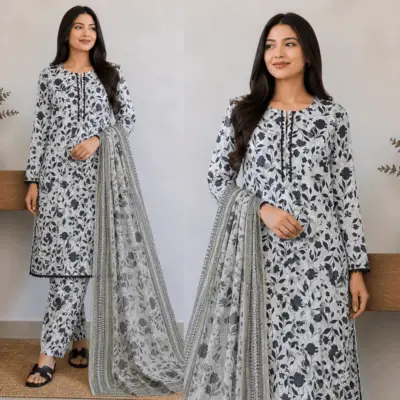Women's 3 Piece Stitched Lawn Digital Print Suit with Voile Dupatta – White