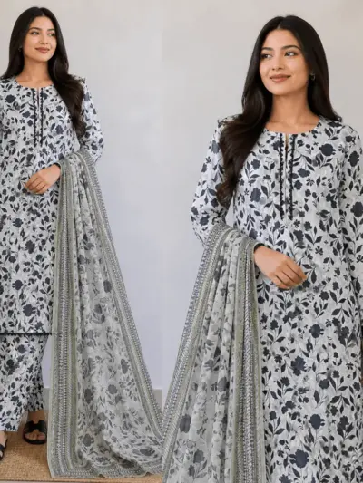 Women's 3 Piece Stitched Lawn Digital Print Suit with Voile Dupatta – White