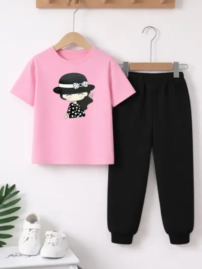 Girls Pink Printed Tracksuit Set for Girls 1-12 Years