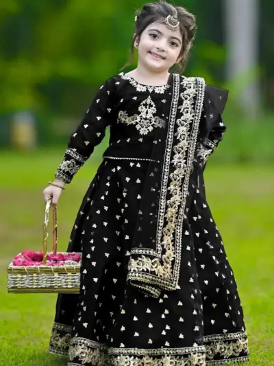 Kids Black Embroidered 3Pcs Set Anarkali Style
