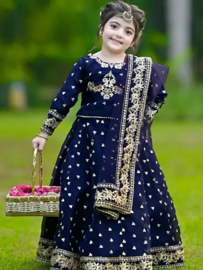 Kids 3Pcs Embroidered Blue Lehenga Set