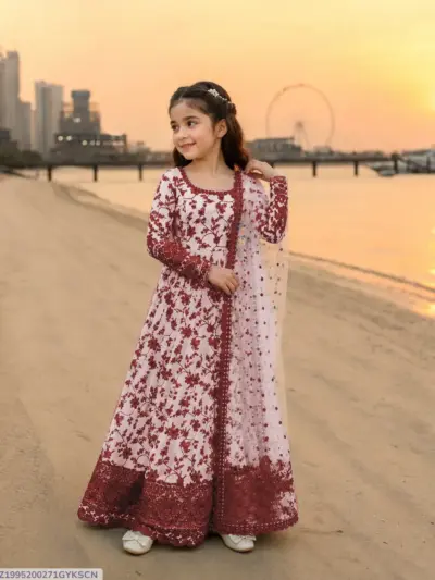 3 Pcs Girl's Lawn Printed Frock And Trouser Set