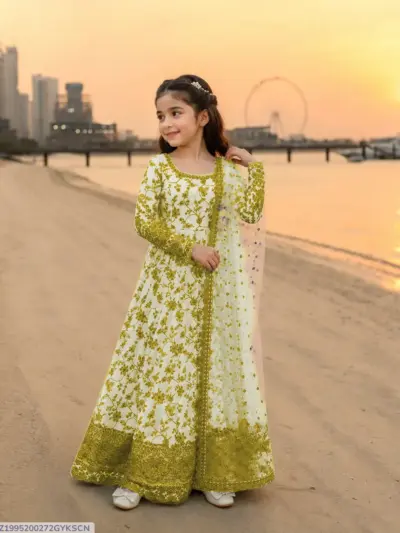 3 Pcs Girl's Lawn Printed Frock And Trouser Set