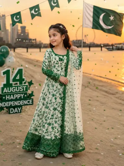 3 Pcs Girl's Arabic Lawn Printed Frock And Trouser Set