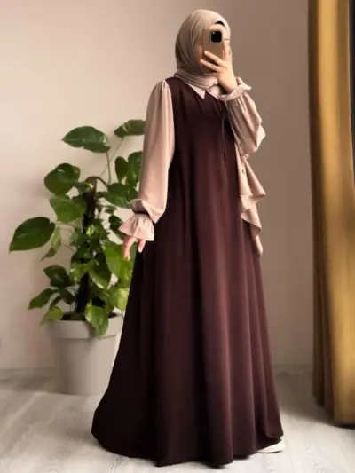 Abaya for Women with Belt & Stroller | Collar Abaya in Soft Wool Peach Fabric | Ready to Wear Abaya