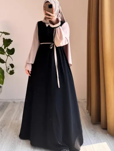 Abaya for Women with Belt & Stroller | Collar Abaya in Soft Wool Peach Fabric | Ready to Wear Abaya