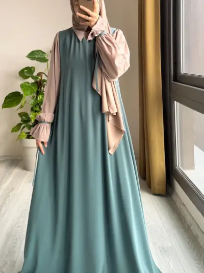 Abaya for Women with Belt & Stroller | Collar Abaya in Soft Wool Peach Fabric | Ready to Wear Abaya