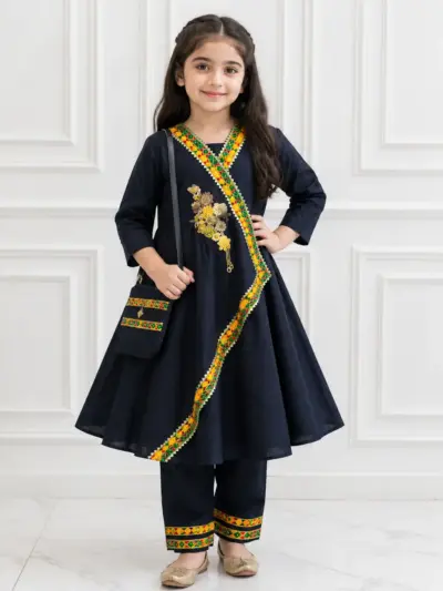 2 Pcs Girl's Cotton Embroidered Frock And Trouser Set