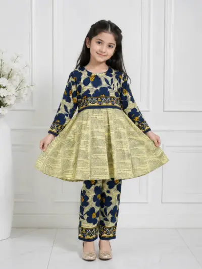 2 Pcs Girl's Linen Printed Frock And Trouser Set