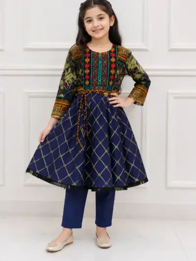 2 Pcs Girl's Linen Printed Frock And Trouser Set