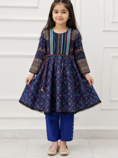 2 Pcs Girl's Linen Printed Frock And Trouser Set