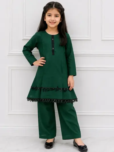 2 Pcs Girl's Lawn Plain Kurta And Trouser with Lace