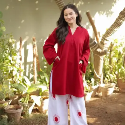 2 Pcs Women's Stitched Linen Plain Shirt And Trouser