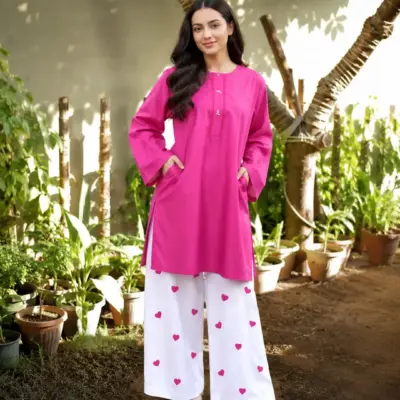 2 Pcs Women's Stitched Linen Plain Shirt And Trouser