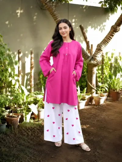2 Pcs Women's Stitched Linen Plain Shirt And Trouser
