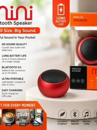 Mini Portable Bluetooth Speaker with 360° Surround Sound, Deep Bass Audio, Bluetooth 5.0 Wireless Connectivity, Built-in Microphone for Hands-Free Calls, Long Battery Life, Compact Travel-Friendly Design for Smartphones, Tablets & Laptops