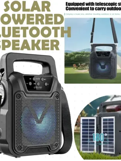 GTS 1767 Solar Charging Wireless Bluetooth Speakers - MP3 Music Player - SD Card FM Radio USB Rechargeable Speaker - 4 inch Drive Size - Greatnice BEST Quality loudspeaker Sound Players Double Solar Wireless Speaker – LED Light Flashlight Portable Speaker