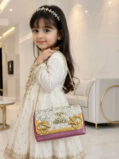 Kids Girls Sparkle Princess Party Hand & Shoulder Bag With Beads Strap